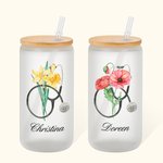 Personalized Watercolour Birth Flower Stethoscope 20oz Frosted Glass Tumbler with Bamboo Lid and Straw Nurse Week Graduation Gift for Nurse Doctor