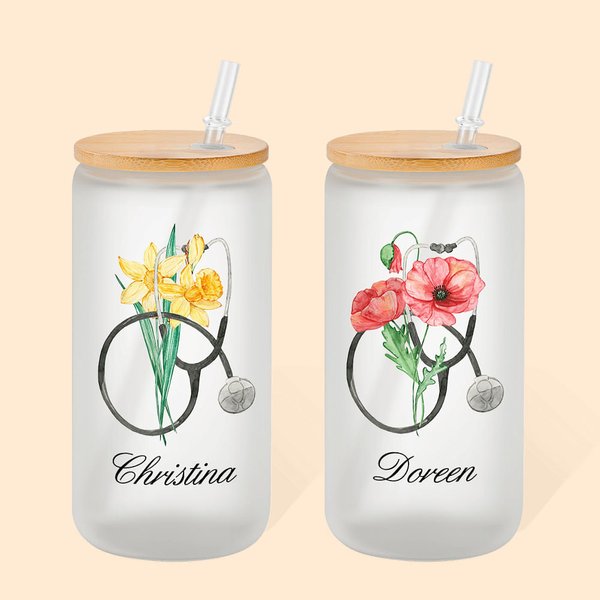 Personalized Watercolor Birth Flower Stethoscope 20oz Frosted Glass Tumbler with Bamboo Lid and Straw Nurse Week Graduation Gift for Nurse Doctor