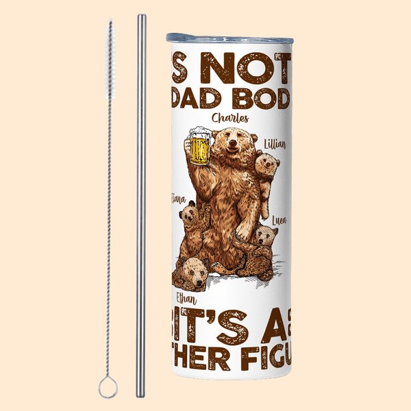 Personalised Dad Bear and Baby Bear 20oz Straight Skinny Tumbler with Straw 1-7 Kid Names Father's Day Gift for Dad
