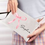 Coquette rosa personalizado arco bolsa de maquillaje con nombre y correa de muñeca Cumpleaños Regalo de boda para ella