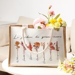 Sac à Main Personnalisé avec 1-20 Fleurs de Naissance et Prénoms Sac en Toile de Jute Grande Capacité Cadeau Fête Anniversaire pour Maman Grand-Mère