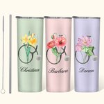 Personalisierte Geburt Blume Stethoskop 20oz Skinny Becher mit Strohhalm und Reinigungsbürste Graduierung Geburtstag Geschenk für Krankenschwester Med