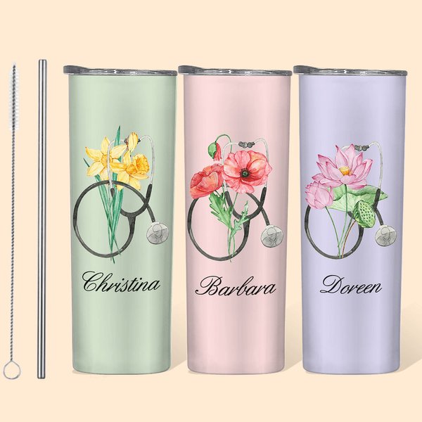 Personalisierte Geburt Blume Stethoskop 20oz Skinny Becher mit Strohhalm und Reinigungsbürste Graduierung Geburtstag Geschenk für Krankenschwester Med