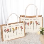 Sac à Main Personnalisé avec 1-20 Fleurs de Naissance et Prénoms Sac en Toile de Jute Grande Capacité Cadeau Fête Anniversaire pour Maman Grand-Mère