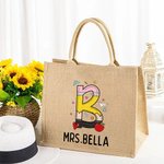 Personalized Graffiti Pencil Apple Large Capacity Jute Tote Bag wih Name Initial Teacher's Day Appreciation Gift for Teacher