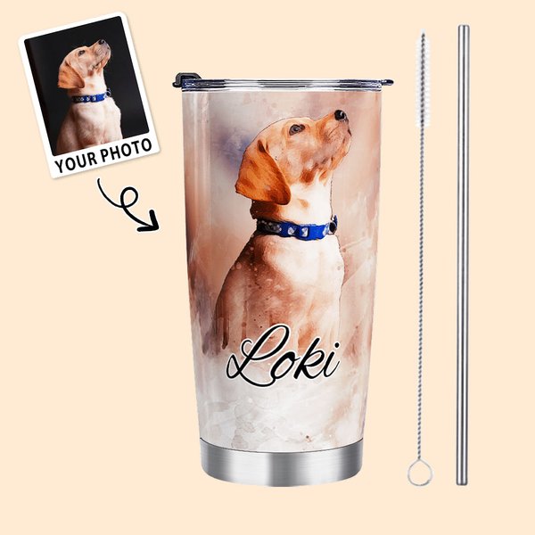 Personalised Watercolor Pet Portrait Painting 20oz Tumbler with Name Lid and Straw Birthday Pet Loss Memorial Gift for Cat Dog Pet Lover