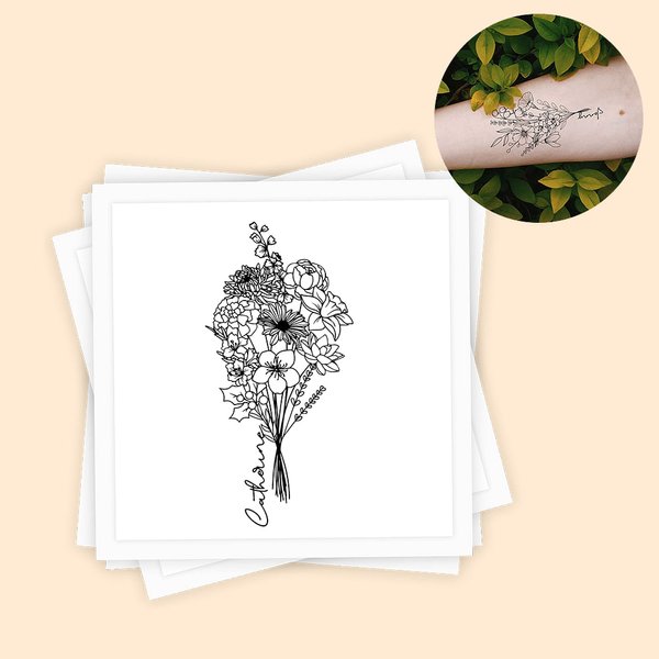Bouquet de fleurs de naissance tatoué à l'épreuve de l'eau et personnalisé avec nom Lot de 15 cadeaux de fête Cadeau de fête des mères pour elle