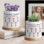 Personalized Watercolor Birth Flower Garden Ceramic Plant Pot with Bamboo Base and Name Mother's Day Birthday Gift for Mom Grandma
