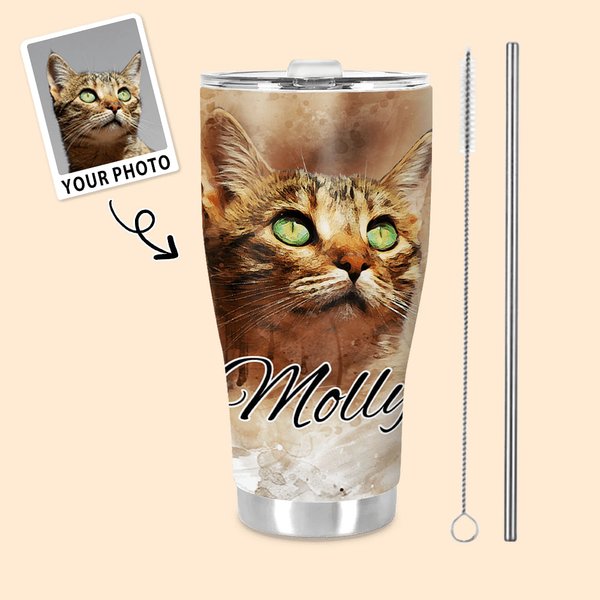Personalised Watercolor Pet Portrait Painting 30oz Curved Tumbler with Name Lid and Straw Birthday Memorial Gift for Pet Lover