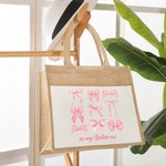 Personalized In My Ballet Era Coquette Bow Jute Tote Bag with Front Pocket and Text Large Capacity Birthday Gift for Her