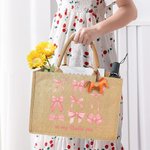 Personalized In My Ballet Era Coquette Bow Jute Tote Bag with Front Pocket and Text Large Capacity Birthday Gift for Her