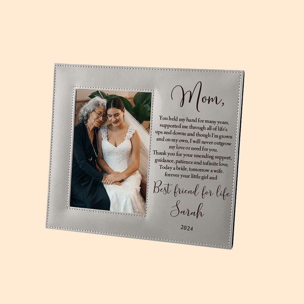 Personalized Mother of the Bride Poem Leather Photo Frame with Folding Stand and Hanger Wedding Thank You Gift for Mom