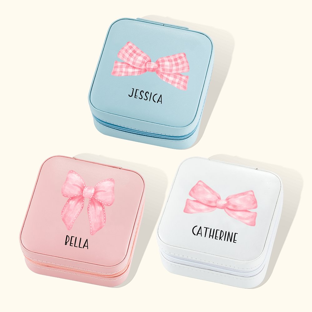Boîte à Bijoux en Cuir PU Personnalisée avec Nom et Nœud Papillon Rose Cadeau Anniversaire pour Femme