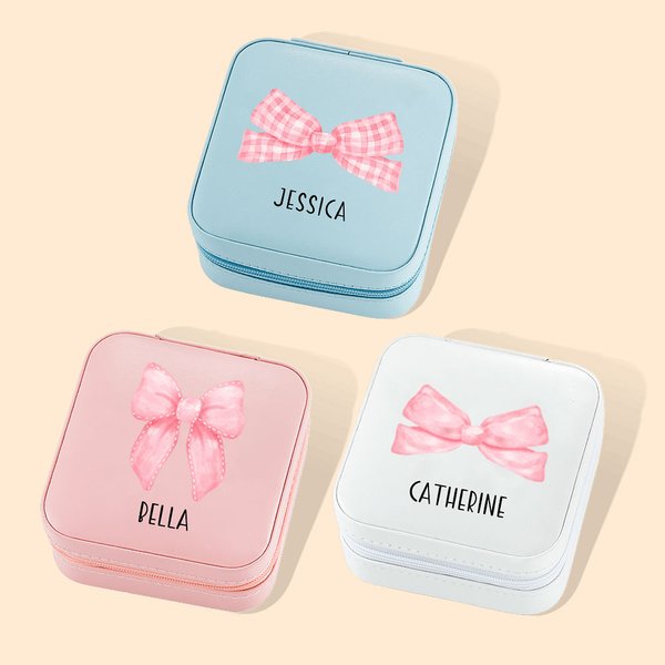 Personalizado Coquette rosa lindo arco de la PU de cuero caja de joyería con el nombre del Día del Niño Cumpleaños de regalo para ella