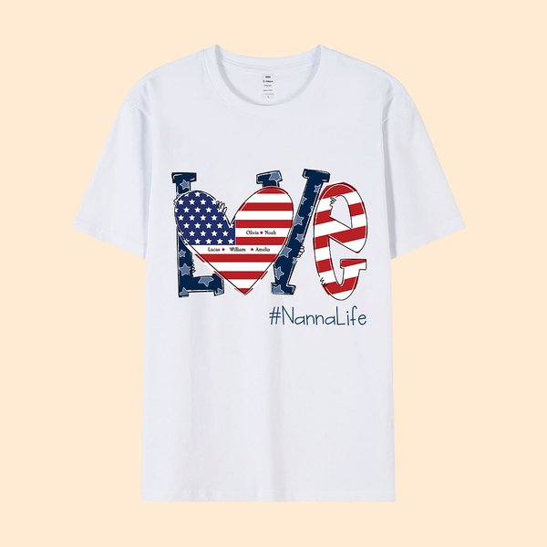 Personalized USA Flag Love Heart 4th of July T-shirt Sweatshirt with 1-16 Names American Independence Day Gift for Mom Grandma