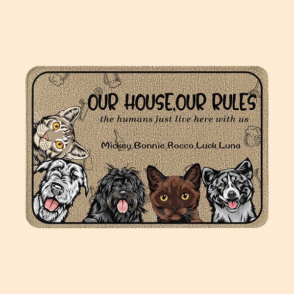 Personalised Our House Our Rules 1-6 Pet Images Floor Mat with Name Housewarming Anniversary Gift for Pet Lover