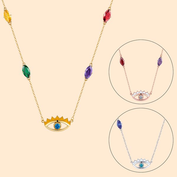 Personalisierte Guardian Evil Eye Schutz Halskette mit 1-5 Birthstones Geburtstag Jahrestag Familie Schmuck Geschenk für Frauen