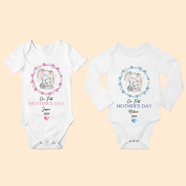 Personalized Wreath Elephant Our First Mother's Day 100% Cotton Baby Onesies and T-shirt with Name Mother's Day Birthday Gift for Kid Mom