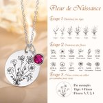Collier Medaille Personnalisée avec Fleur de Naissance Gravée Pendentif Pièce de Monnaie Cadeau Fête pour Femme Maman Grand-Mère Sœur Amie