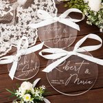 Personalized Clear Acrylic Wedding Ring Holder Plate with Ribbon and Engraved Name Date Location Engagement Wedding Gift for Couple