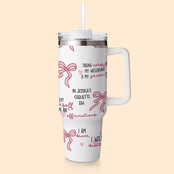 Gepersonaliseerde Multi-color Coquette Bow Gezegende Woorden van de Bijbel 40oz Tumbler met tekst en rietje Inspirerende verjaardagscadeau voor haar
