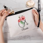 Personalized Birth Flower Stethoscope Linen Cosmetic Makeup Bag with Name and Wrist Strap Birthday Appreciation Gift for Nurse Medical Staff