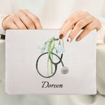 Personalized Birth Flower Stethoscope Linen Cosmetic Makeup Bag with Name and Wrist Strap Birthday Appreciation Gift for Nurse Medical Staff