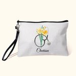 Personalized Birth Flower Stethoscope Linen Cosmetic Makeup Bag with Name and Wrist Strap Birthday Appreciation Gift for Nurse Medical Staff