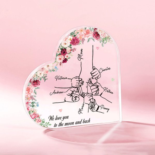Plaque de coeur en acrylique avec 1 à 8 noms Cadeau de fête des mères pour maman grand-mère
