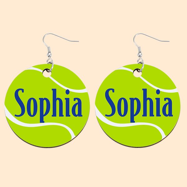 Wooden Tennis Dangle Earrings with Name - Birthday Gift