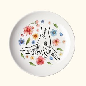Personalisierte Hand in Hand Aquarell Floral Keramik Schmuck Schale mit 1-9 Kind Namen Geburtstag Jahrestag Geschenk für Mama Oma