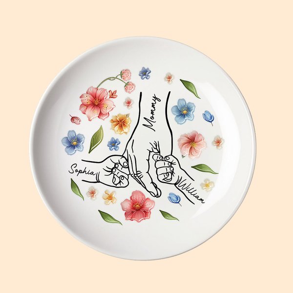 Personalisierte Hand in Hand Aquarell Floral Keramik Schmuck Schale mit 1-9 Kind Namen Geburtstag Jahrestag Geschenk für Mama Oma