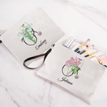 Personalized Birth Flower Stethoscope Linen Cosmetic Makeup Bag with Name and Wrist Strap Birthday Appreciation Gift for Nurse Medical Staff