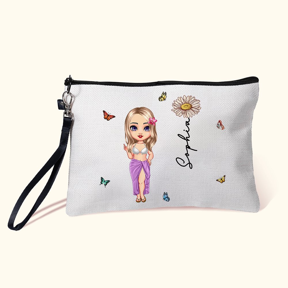 Trousse de Maquillage Personnalisée avec Nom et Personnage Fille Accessoire de Plage Cadeau Mariage Anniversaire Fête pour Femme