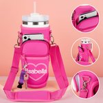 Personalized Pink Doll Style Water Bottle Carrier Bag for 40oz Stanley Tumbler with Straw Topper Pouch and Adjustable Strap Birthday Gift for Her