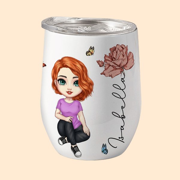 Personalized Cute Cartoon Character 12oz Wine Tumbler with Birth Flower and Name Birthday Beach Bridal Party Favors for Woman Girl