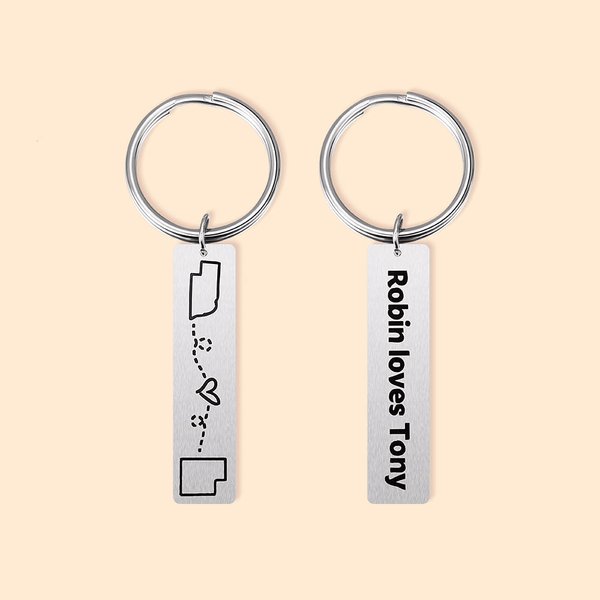 Personalisierte eingraviert Staat zu Staat Karte Schlüsselanhänger mit Text Long Distance Valentinstag Freundschaft Geschenk für Familie Paar Freund