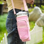 Personalized Pink Doll Style Water Bottle Carrier Bag for 40oz Stanley Tumbler with Straw Topper Pouch and Adjustable Strap Birthday Gift for Her