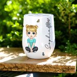 Personalisierte niedlichen Cartoon-Charakter 12oz Wein Becher mit Geburt Blume und Name Geburtstag Strand Braut Party Geschenke für Frau Mädchen
