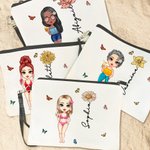 Personalised Cute Beach Girl Birth Flower Makeup Bag with Name Beach Travel Accessories Wedding Birthday Party Gift for Her