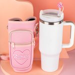 Personalized Pink Doll Style Water Bottle Carrier Bag for 40oz Stanley Tumbler with Straw Topper Pouch and Adjustable Strap Birthday Gift for Her