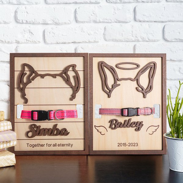 Tableau en Bois Personnalisé avec Nom et Contour d'Oreilles de Chien Chat avec Collier Cadeau Commémoratif pour Amoureux de l'Animal