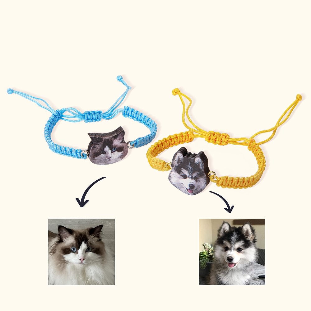 Bracelet Tressé Réglable Fait à la Main Personnalisé avec 1-3 Portraits d'Animal Cadeau d'Anniversaire pour Amoureux des Animaux de Compagnie