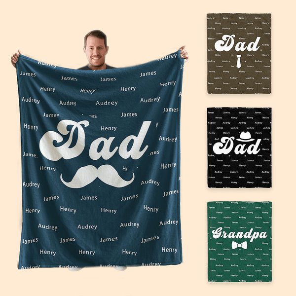Personalised Hat Beard Tie Bowtie Warm Soft Blanket with Title and 1-10 Names Father's Day Birthday Gift for Dad Grandpa
