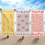 Personalisierte schnell trocknende Retro 70er Jahre Stil Schachbrettmuster Mikrofaser Strandtuch mit Geburt Blume und Name Sommer Reise Essentials Ges