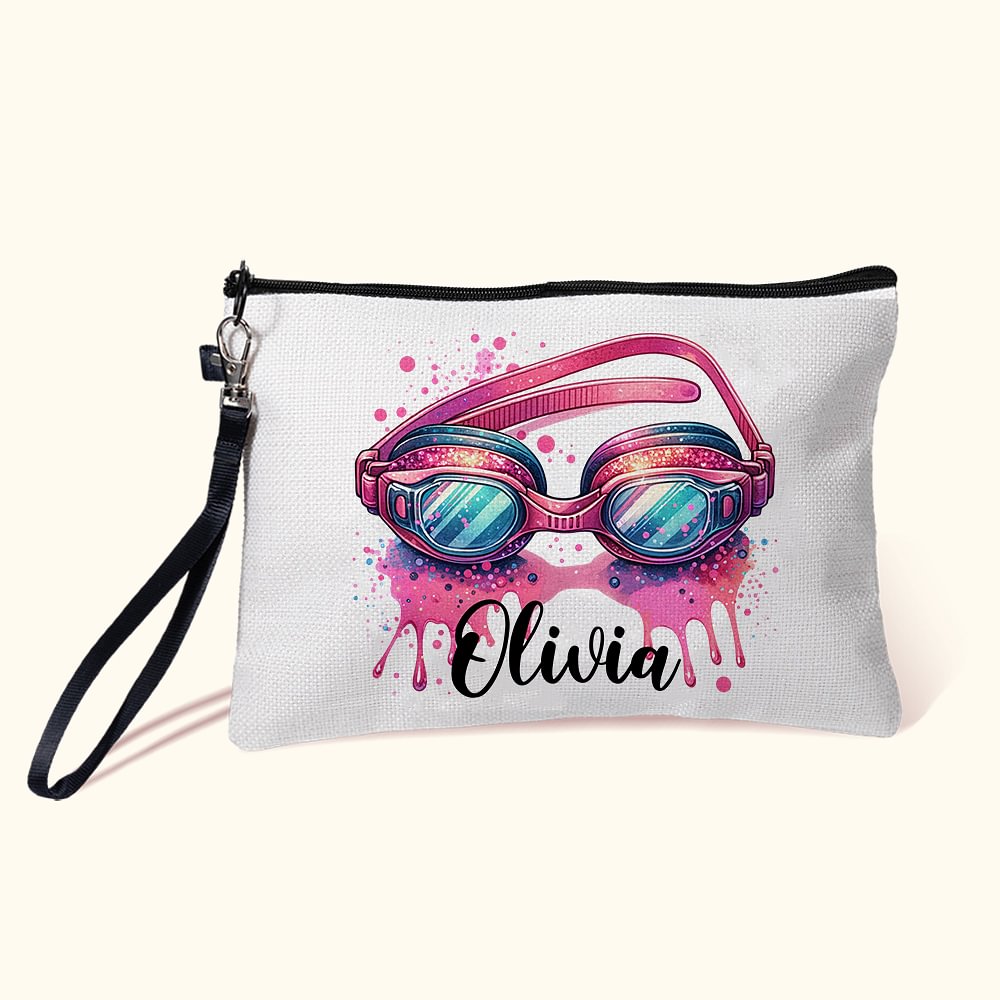 Sac Cosmétique Personnalisé avec Nom à Motif Lunettes de Natation Rose Cadeau Anniversaire pour Entraîneur Amateur de Natation