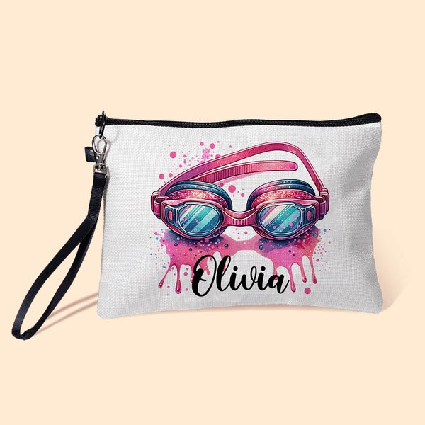 Sac Cosmétique Personnalisé avec Nom à Motif Lunettes de Natation Rose Cadeau Anniversaire pour Entraîneur Amateur de Natation