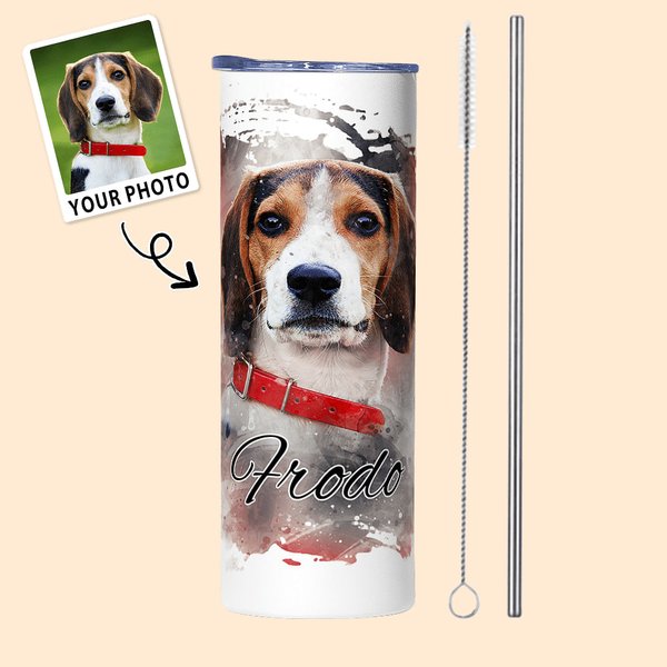 Personalized Watercolor Painting Pet Portrait Photo 20oz Skinny Tumbler with Straw and Cleaning Brush Birthday Memorial Gift for Pet Lovers