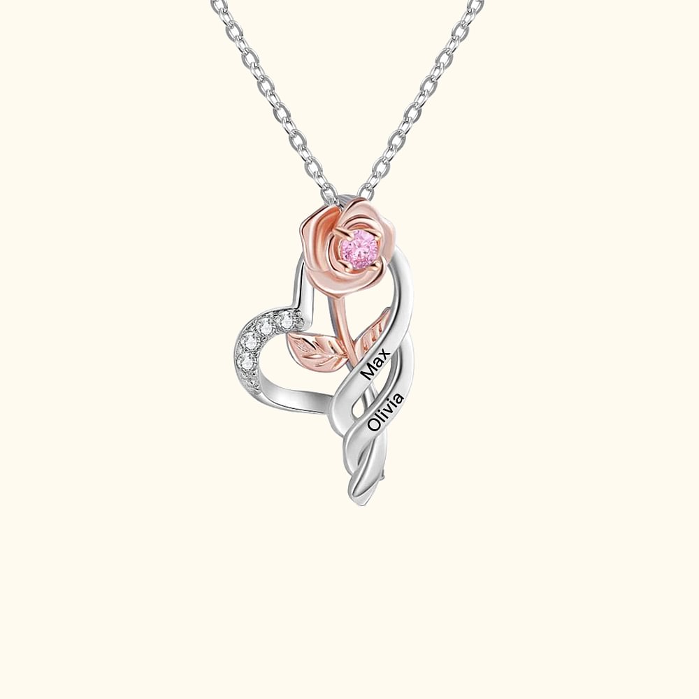 Collier de Rose en Coeur Personnalisé avec 1-3 Noms Gravés Cadeau Anniversaire Fête des Mères pour Femme