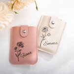 Personalised Portable Birth Flower Mini Pull-out Leather Card Holder Wallet with Name and Multiple Card Slots Mother's Day Birthday Gift for Her